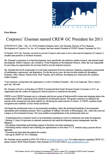 CREW GC names Eiseman 2011 Prez - press release - 12.30.10