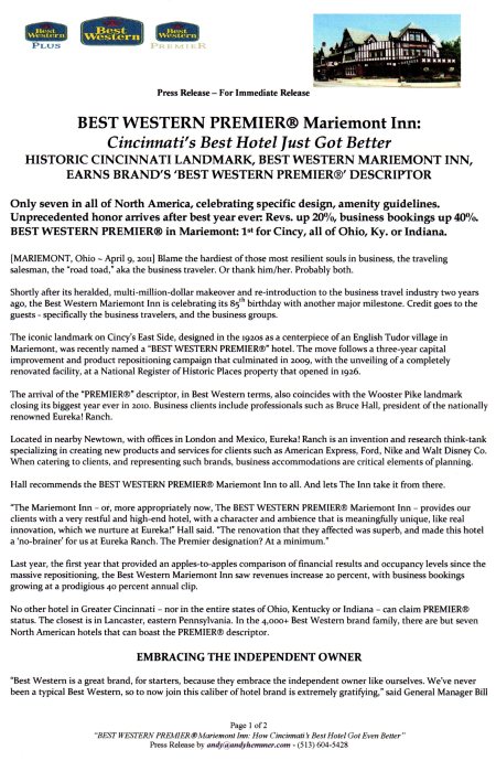 BEST WESTERN PREMIER Mariemont Inn - PR by AndyHemmer.com - PAGE ONE