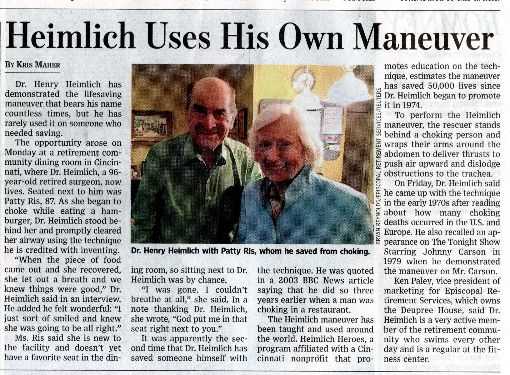 dr henry heimlich resident deupree house by episcopal retirement services ERS in Wall Street Journal PR by Andy Hemmer
