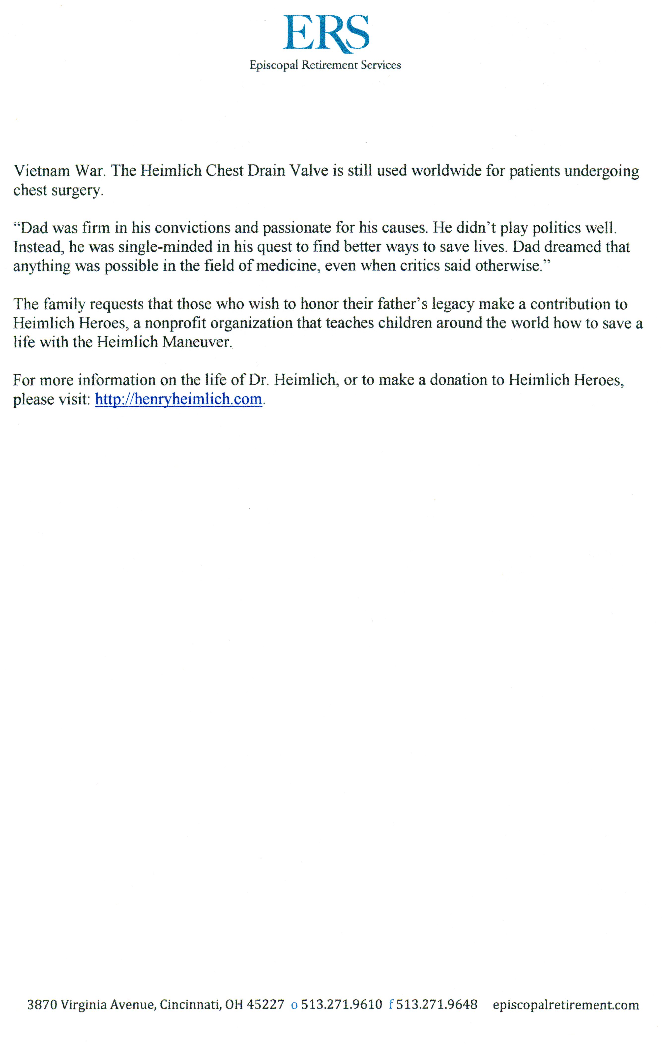 Page 2 (of 2) Official Press Release and Family Statement from http://henryheimlich.com