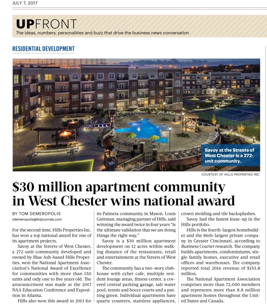 Savoy from Hills Properties wins National Excellence Award 2017 from National Apartment Association PR by Andy Hemmer