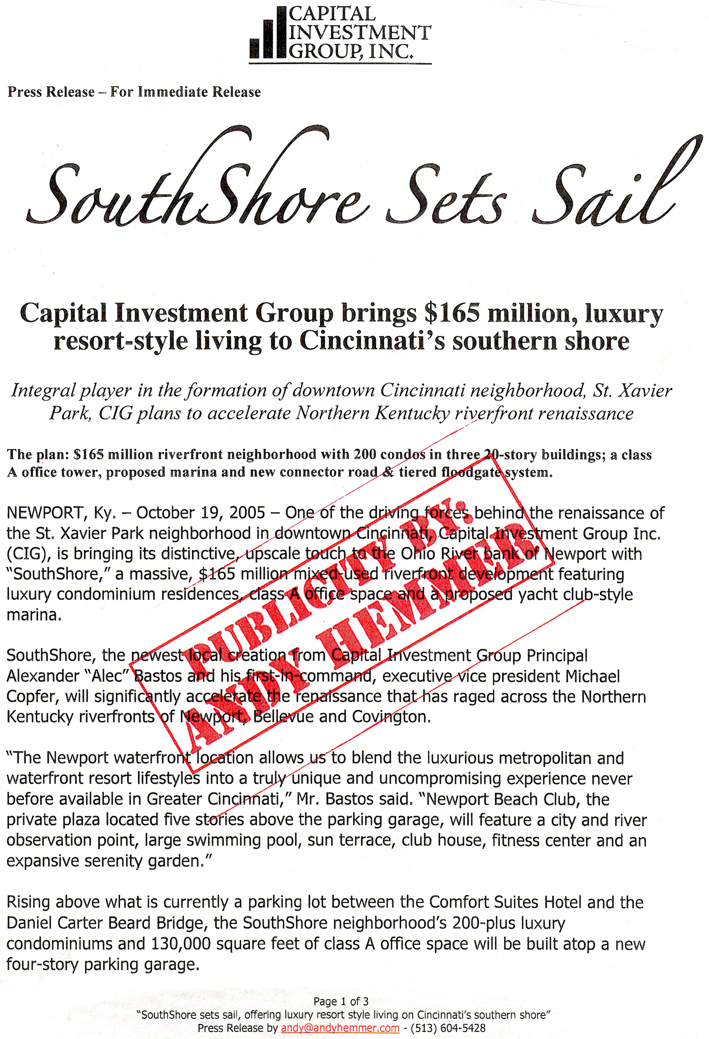 original SouthShore Press Release for Capital Investment Group CIG of Cincinnati PR by Andy Hemmer