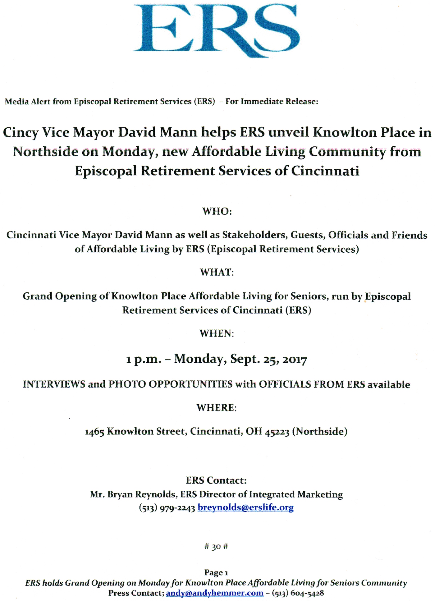 Cincinnati Vice Mayor David Mann to speak at Knowlton Place grand opening on Monday September 25 1 pm Affordable Living for Seniors by ERS