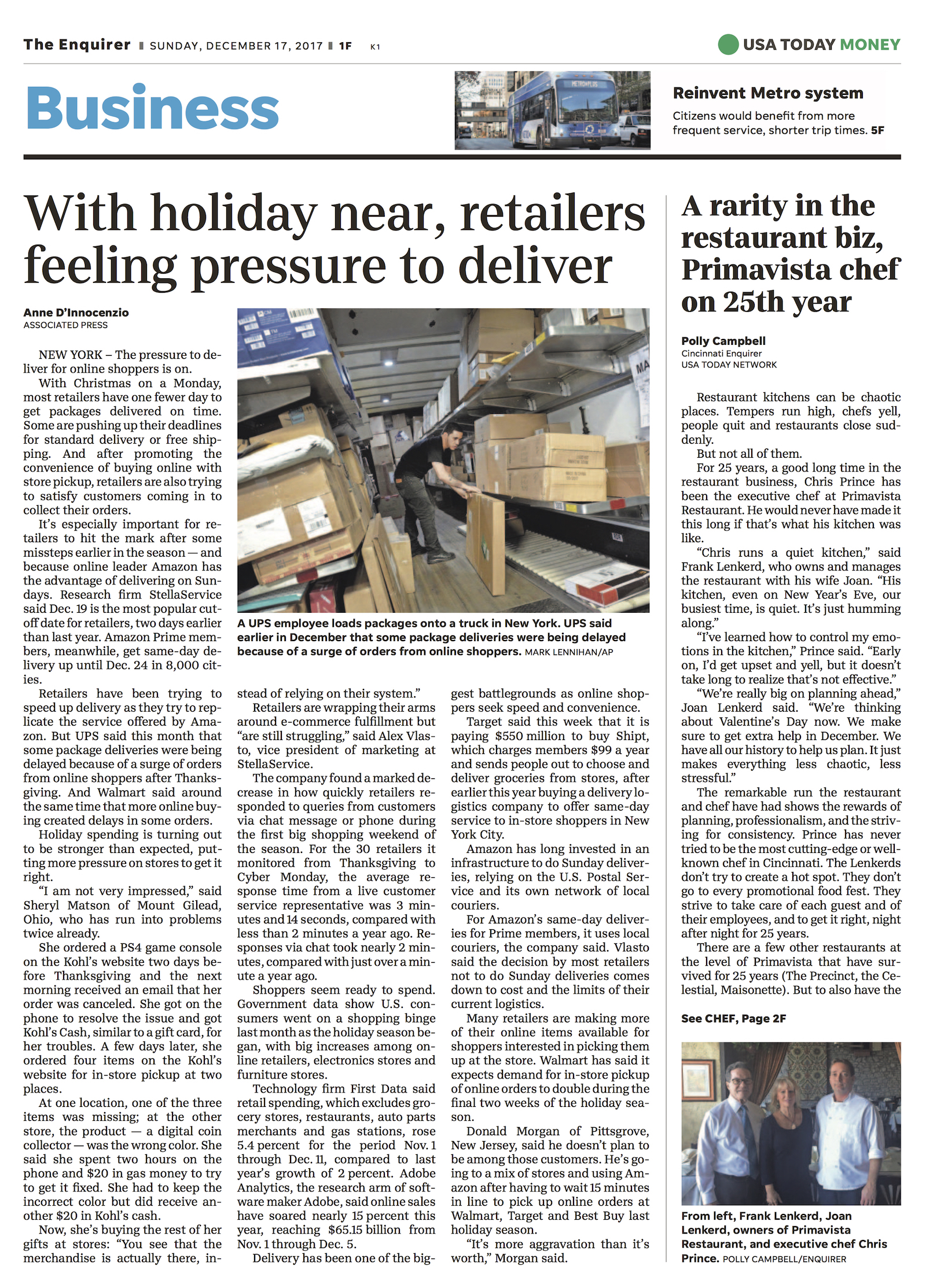 Primavista Restaurant and Executive Chef Chris Prince in The Cincinnati Enquirer Sunday Edition - PR by Andy Hemmer