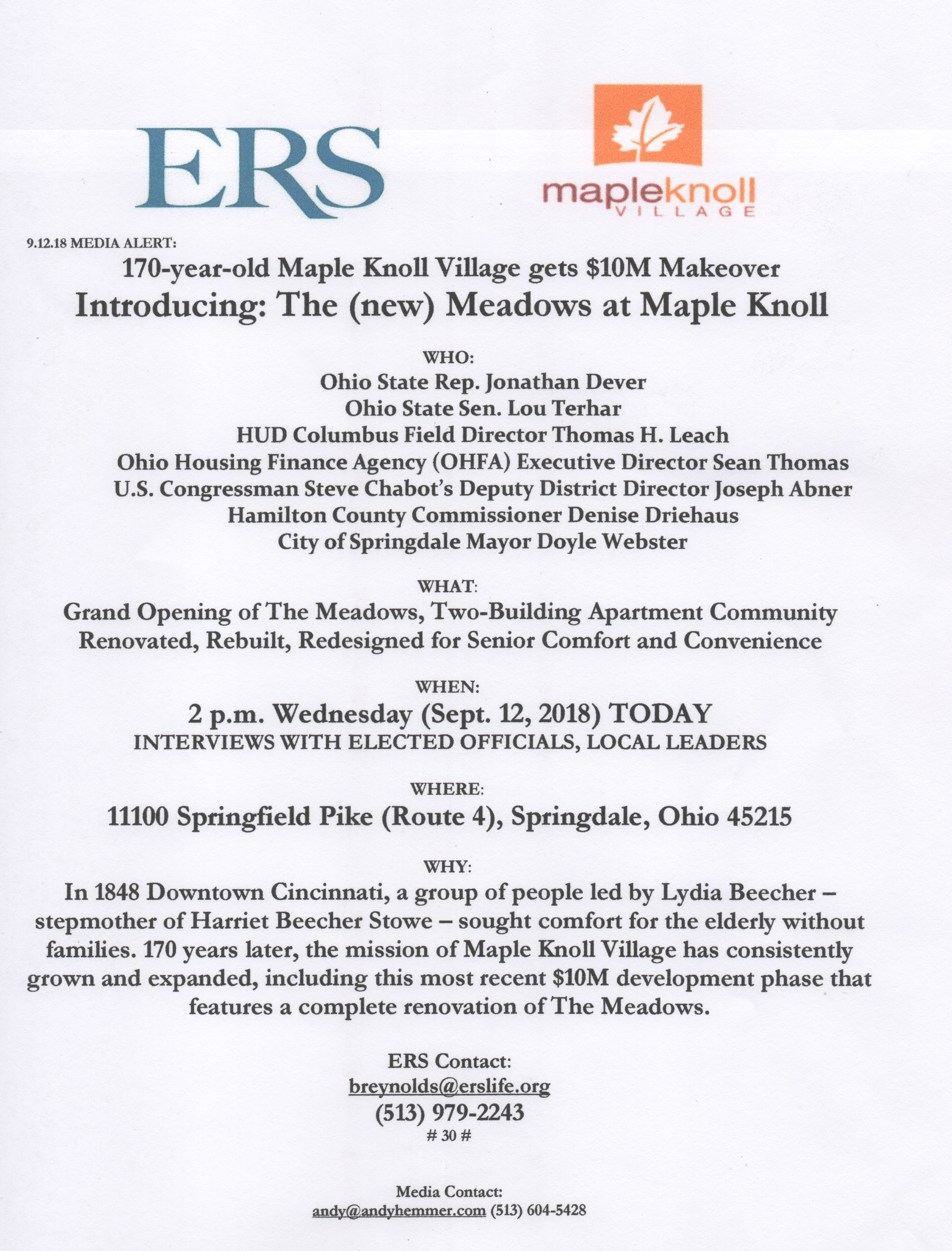 The Meadows at Maple Knoll Village Media Alert from Andy Hemmer PR