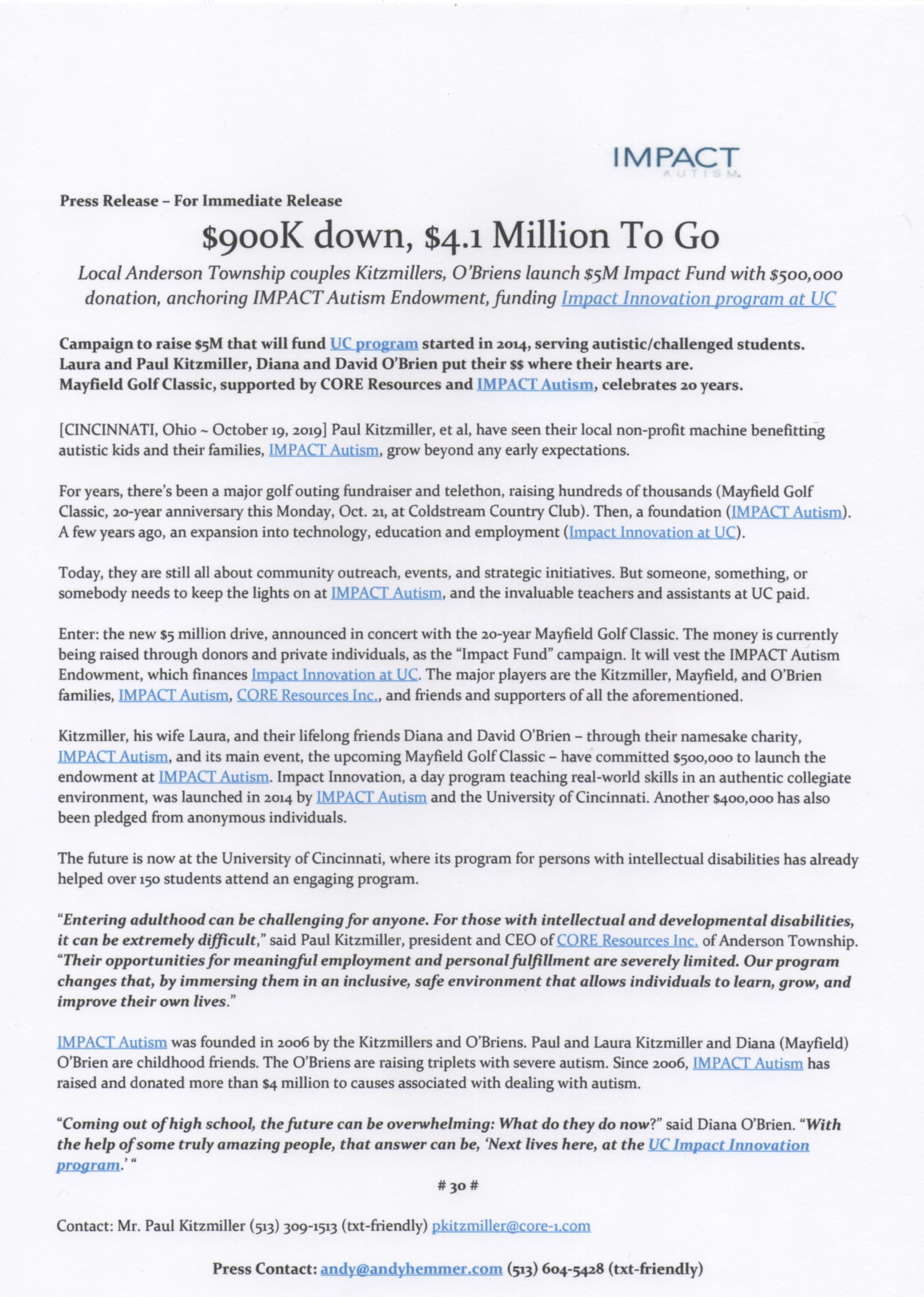 IMPACT Autism announces endowment $500K from Laura Paul Kitzmiller Diana David OBrien financing Impact Innovation at University of Cincinnati PR by Andy Hemmer